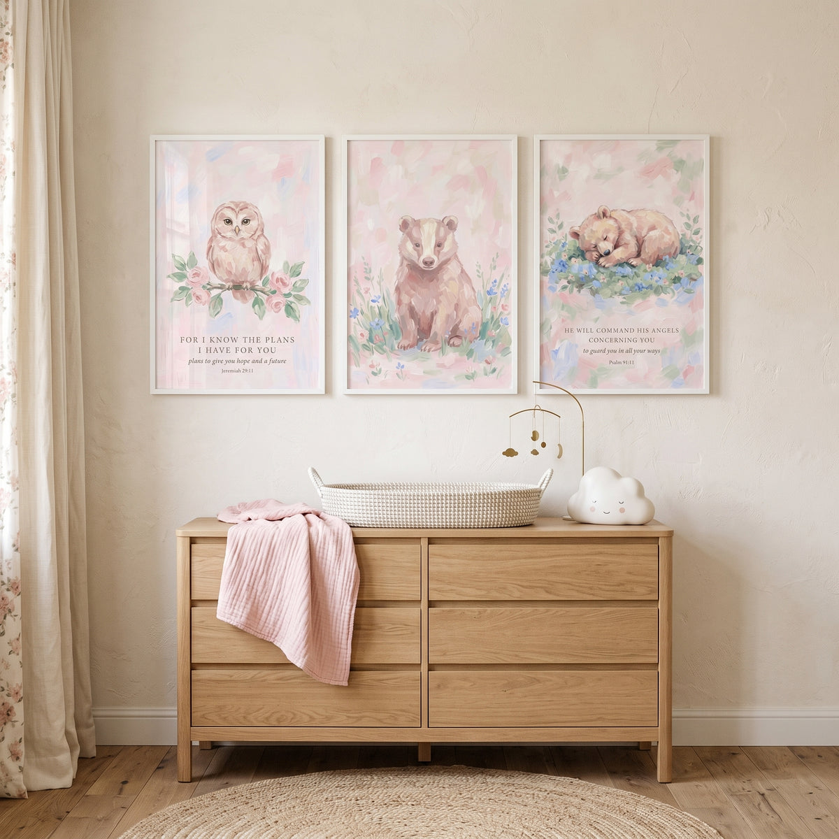 Scripture Verse Woodland Animals Wall Art Set of 3 - Blessed Nursery Animals