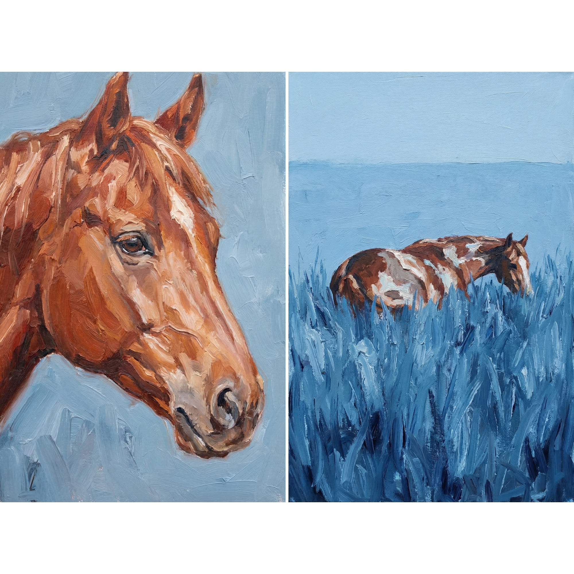 Sculptural Impasto Brown Horse Wall Art Set of 2 - Azure Field Stallion
