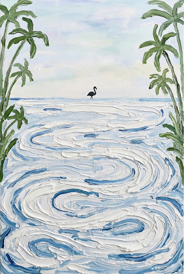 An artwork featuring a thick, textured depiction of water with swirling patterns of white and blue. In the center of the distant horizon, a small dark silhouette of a long-necked bird stands alone. The scene is framed on the left and right by tall green palm trees with slender trunks. The sky is composed of pale, soft blues and whites. The overall creation uses a heavy impasto style, with thick layers of material creating a three-dimensional effect and dynamic movement across the surface.