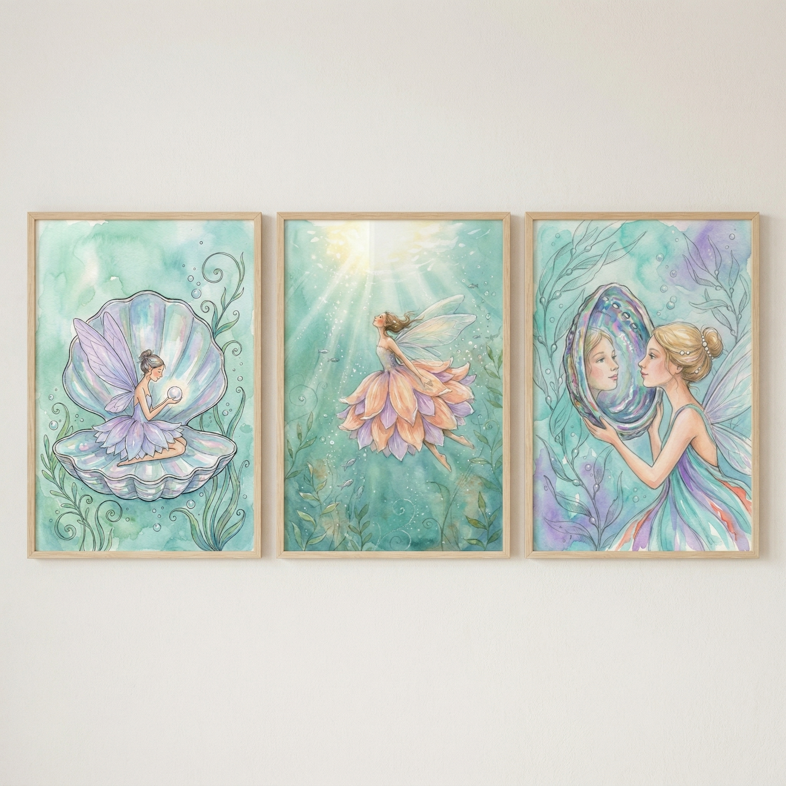 A set of three whimsical watercolor-style illustrations is displayed side-by-side in light wood frames against a neutral wall. The collection features magical winged figures in various serene, underwater-inspired settings.The artwork on the left depicts a small fairy with delicate purple wings resting inside a large, open seashell while holding a luminous white pearl. On the middle canvas, a winged figure with a layered, petal-like dress in shades of peach and pink floats 