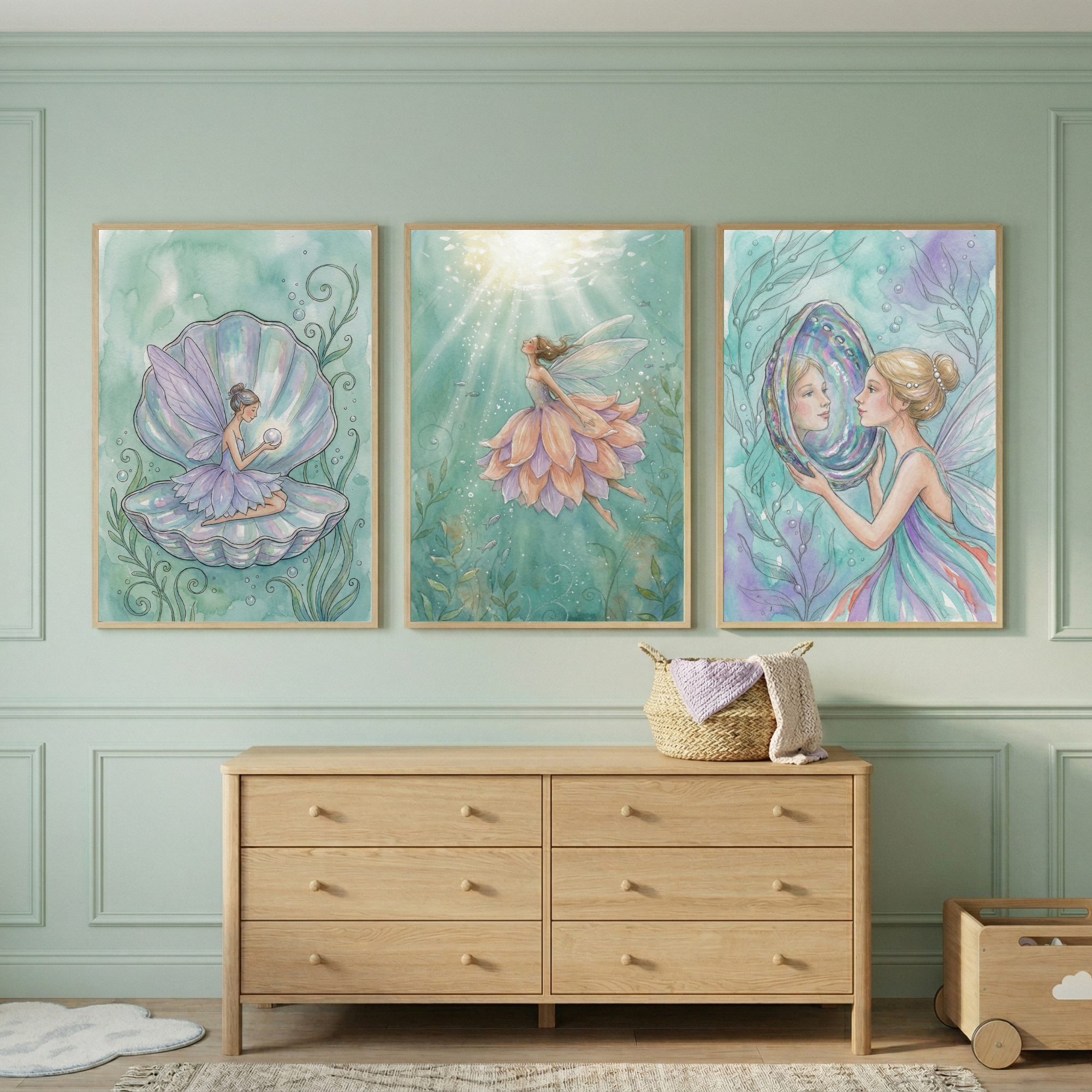 Sea Fairies Wall Art Set of 3 - Whimsical Sea Fairies