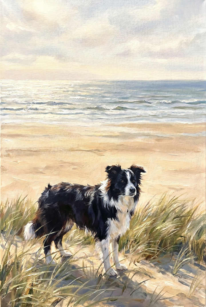 Sea grass dunes border collie dog artwork shows a black and white dog standing in tall grass on a sandy beach.
