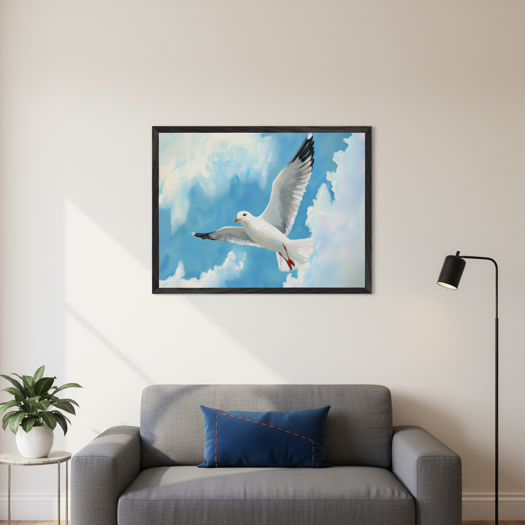 Modern living room with a gray sofa. A dark-framed painting of a white seagull flying in a blue sky with white clouds hangs above the sofa. A potted plant is on a side table to the left, and a black floor lamp is to the right.