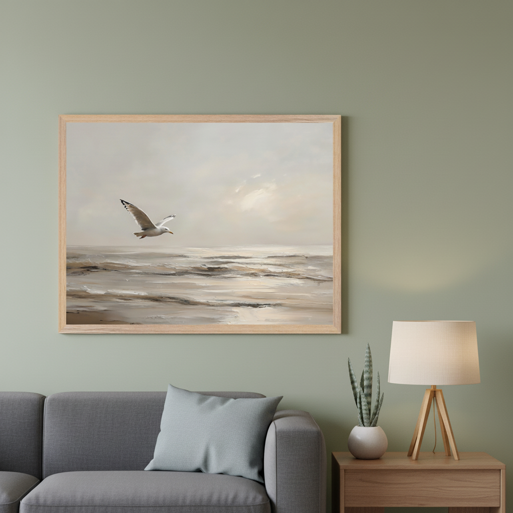 Modern living room with a gray sofa. A large framed painting of a seagull flying low over textured ocean waves breaking on a sandy beach under a muted sky hangs above the sofa. A wooden side table with a lamp and a snake plant is to the right.