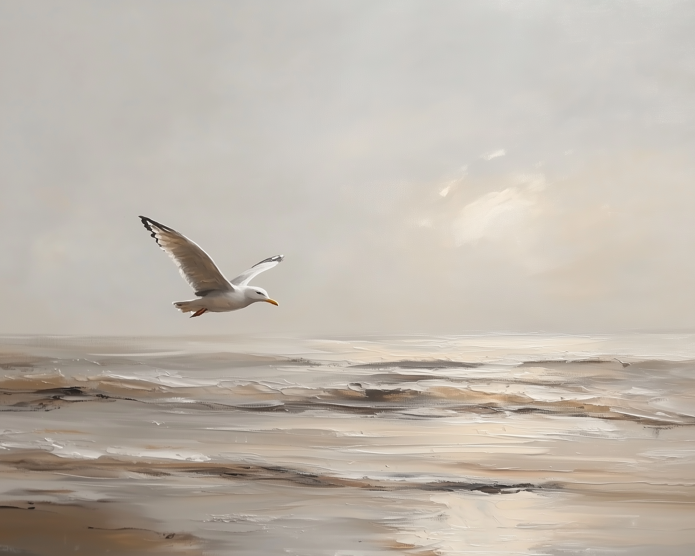  A seagull mid-flight above a shimmering shoreline with soft waves and a cloudy sky glowing with diffused sunlight.
