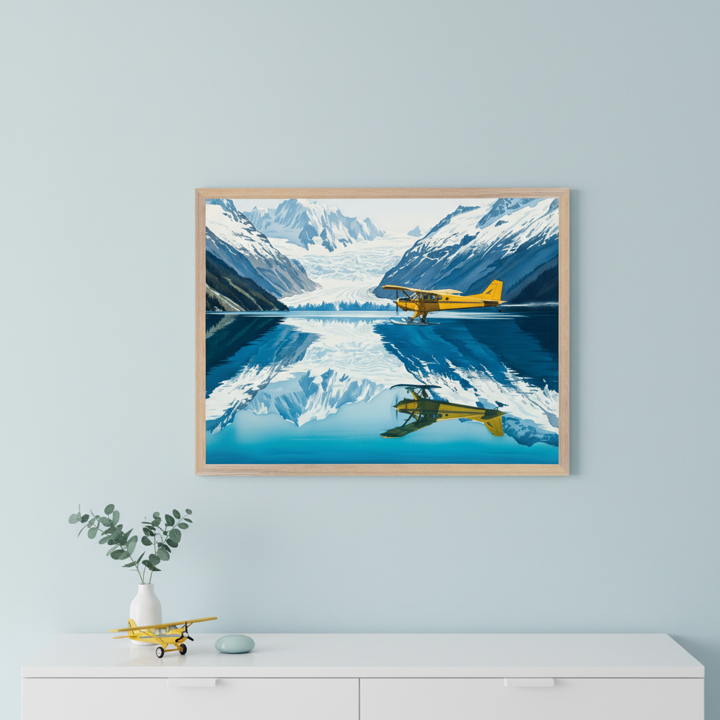A framed artwork of a yellow seaplane flying above a mirror-like glacial lake with snow-covered mountains in the background, hung on a pale blue wall above a white cabinet. A small yellow toy plane and a vase with eucalyptus add a decorative touch to the scene.