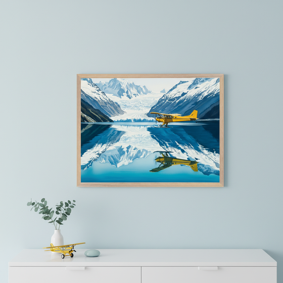 A framed artwork of a yellow seaplane flying above a mirror-like glacial lake with snow-covered mountains in the background, hung on a pale blue wall above a white cabinet. A small yellow toy plane and a vase with eucalyptus add a decorative touch to the scene.