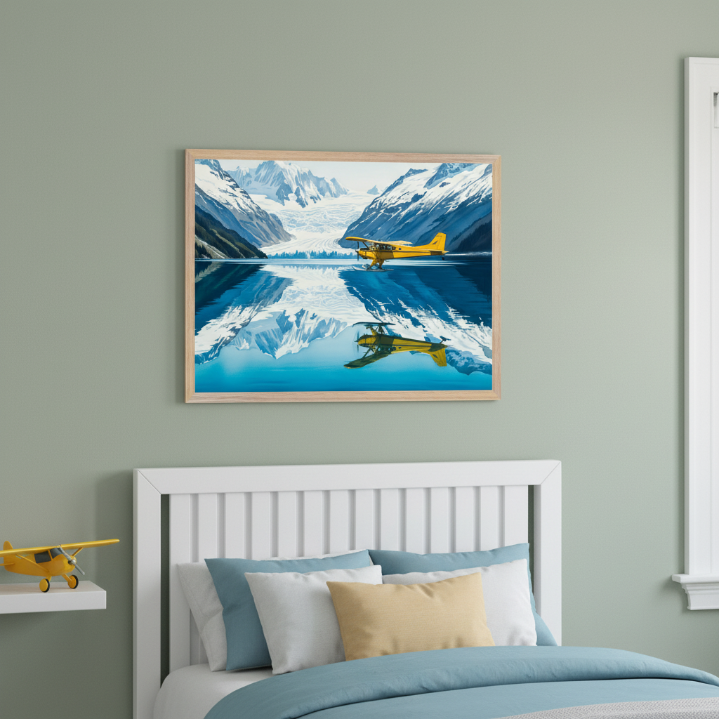 Illustration of a yellow seaplane flying over a glassy alpine lake with dramatic mountain reflections, displayed above a white bed with pastel pillows. A matching yellow model airplane sits on a nearby floating shelf.