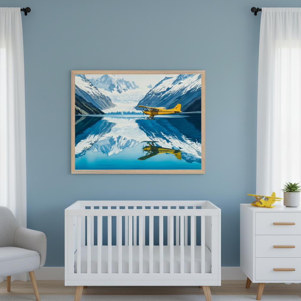 Nursery decorated in soft blue tones with a large framed art of a yellow seaplane above a lake and glacier, centered over a white crib. A yellow toy airplane and small plant sit on a modern white dresser, adding a playful aviation theme.