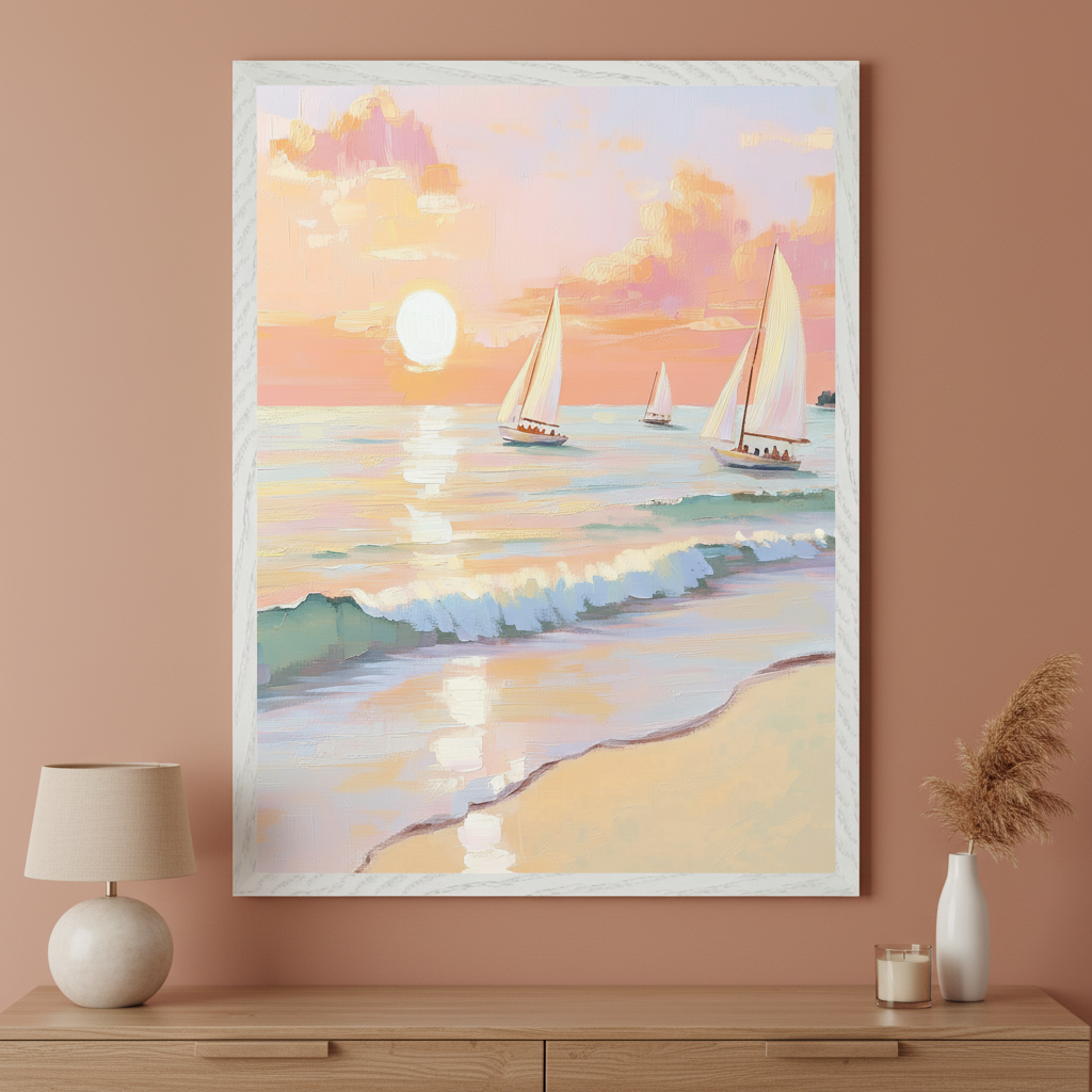 Modern living space with a light wood dresser. A large framed impressionistic painting depicting a sunset beach scene with sailboats, waves, and sand hangs centered above the dresser.