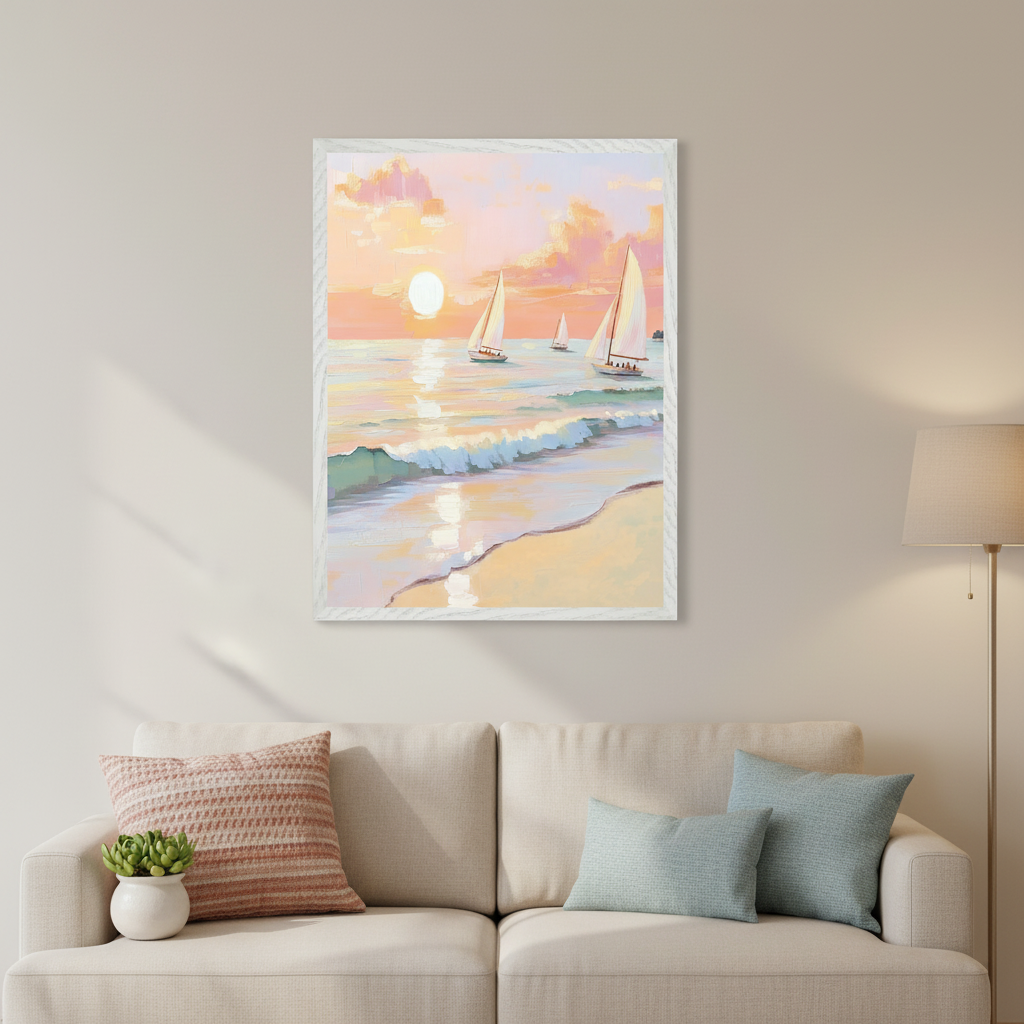 Living room with a light beige sofa. A framed, vertical painting of a pastel sunset beach scene with sailboats, in a painterly style, hangs centered above the sofa. A floor lamp stands to the right.
