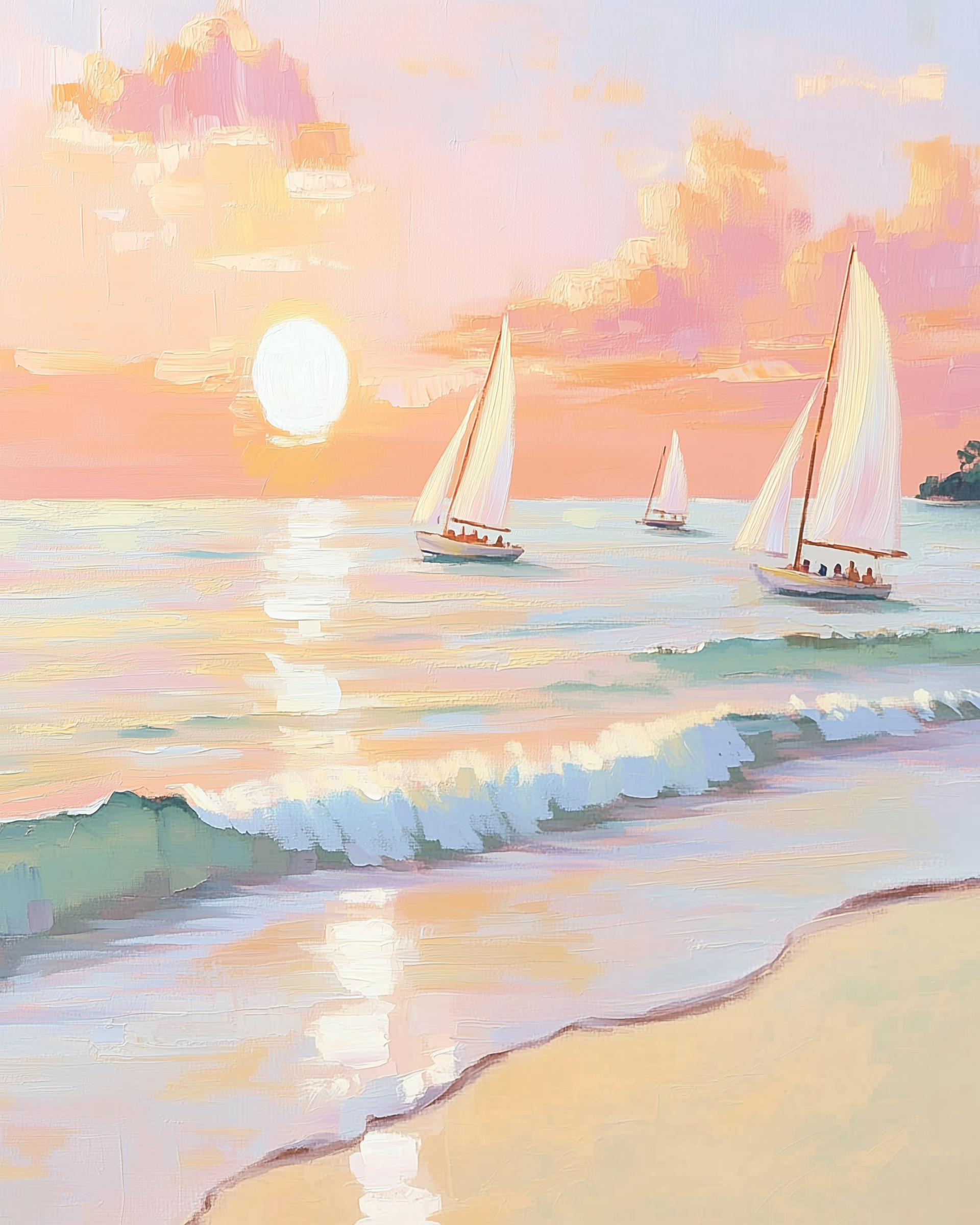 Three sailboats glide across a serene ocean at sunset, with the sun casting a warm glow over the water. The sky is painted in soft pink and orange hues, and gentle waves lap against a sandy shore.