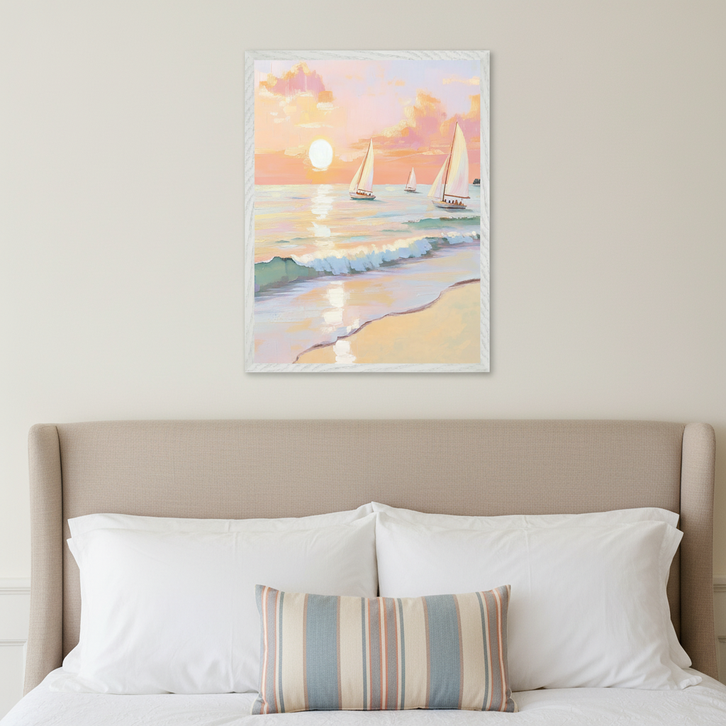 Bedroom with a beige upholstered bed, white pillows, and a striped lumbar pillow. A framed painting of a sunset beach scene with sailboats, gentle waves, and a sandy shore hangs above the bed. The artwork is in a painterly pastel style with a textured white frame.