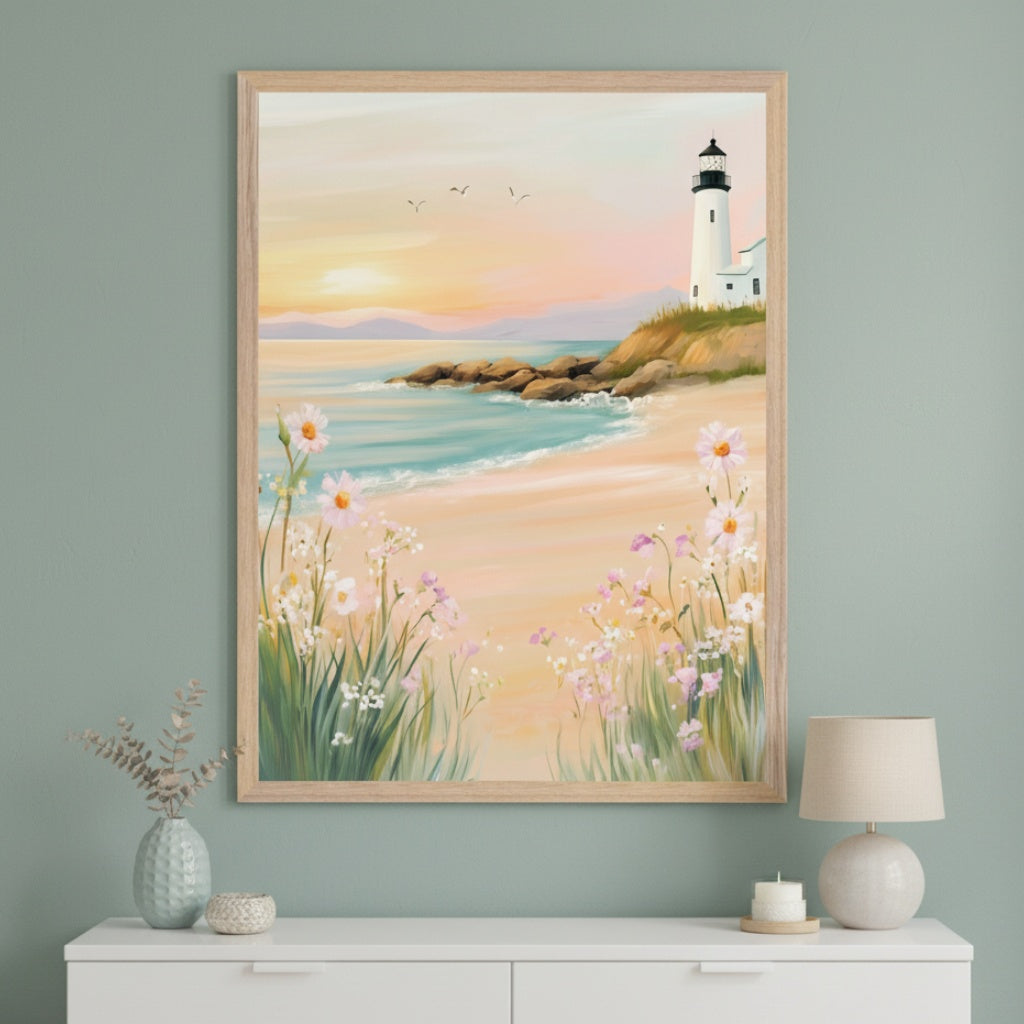 Modern room with a large framed painting hanging above a white dresser. The painting depicts a sunset beach scene with a white lighthouse on a cliff, ocean waves, and wildflowers in the foreground, in a painterly style.
