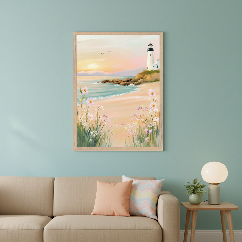 Living room with a beige sofa. A framed painting of a beach, lighthouse, sunset, and wildflowers hangs above the sofa, slightly right of center, on a teal wall. A side table with a lamp and plant is beside the sofa.