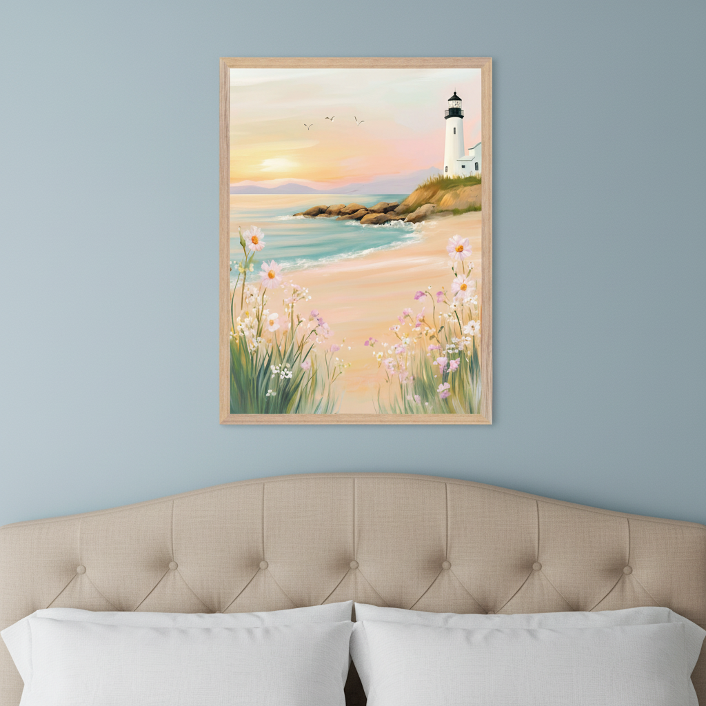 Bedroom with a beige tufted headboard and white pillows. A framed painting of a beach with a lighthouse, sunset, and wildflowers in the foreground hangs centered above the bed on a light blue wall.