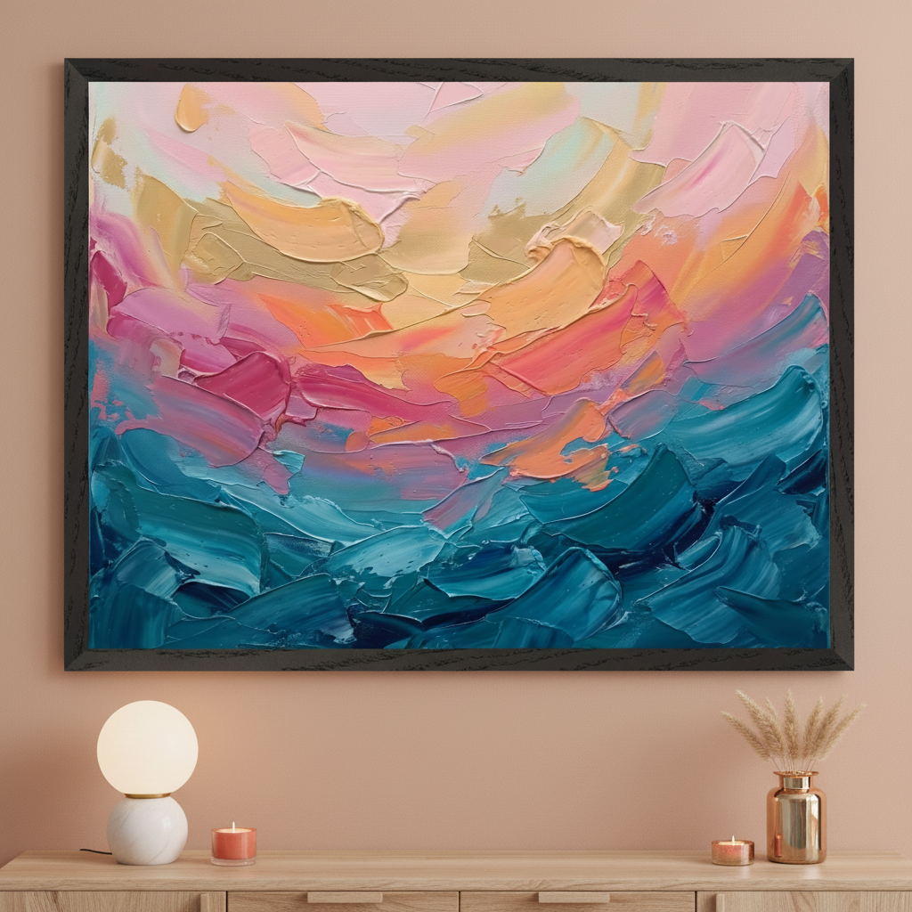 Modern room with a light wood dresser. A large framed abstract impasto painting hangs centered above, depicting a sky of pink, yellow, and orange thick strokes blending into a rough sea of blue and teal strokes.