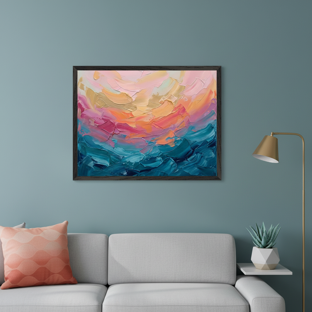 Modern living room with a light gray sofa against a teal wall. A framed abstract impasto painting with vibrant pink, orange, yellow, and blue strokes hangs above the sofa. A gold floor lamp and a succulent plant are on the right.