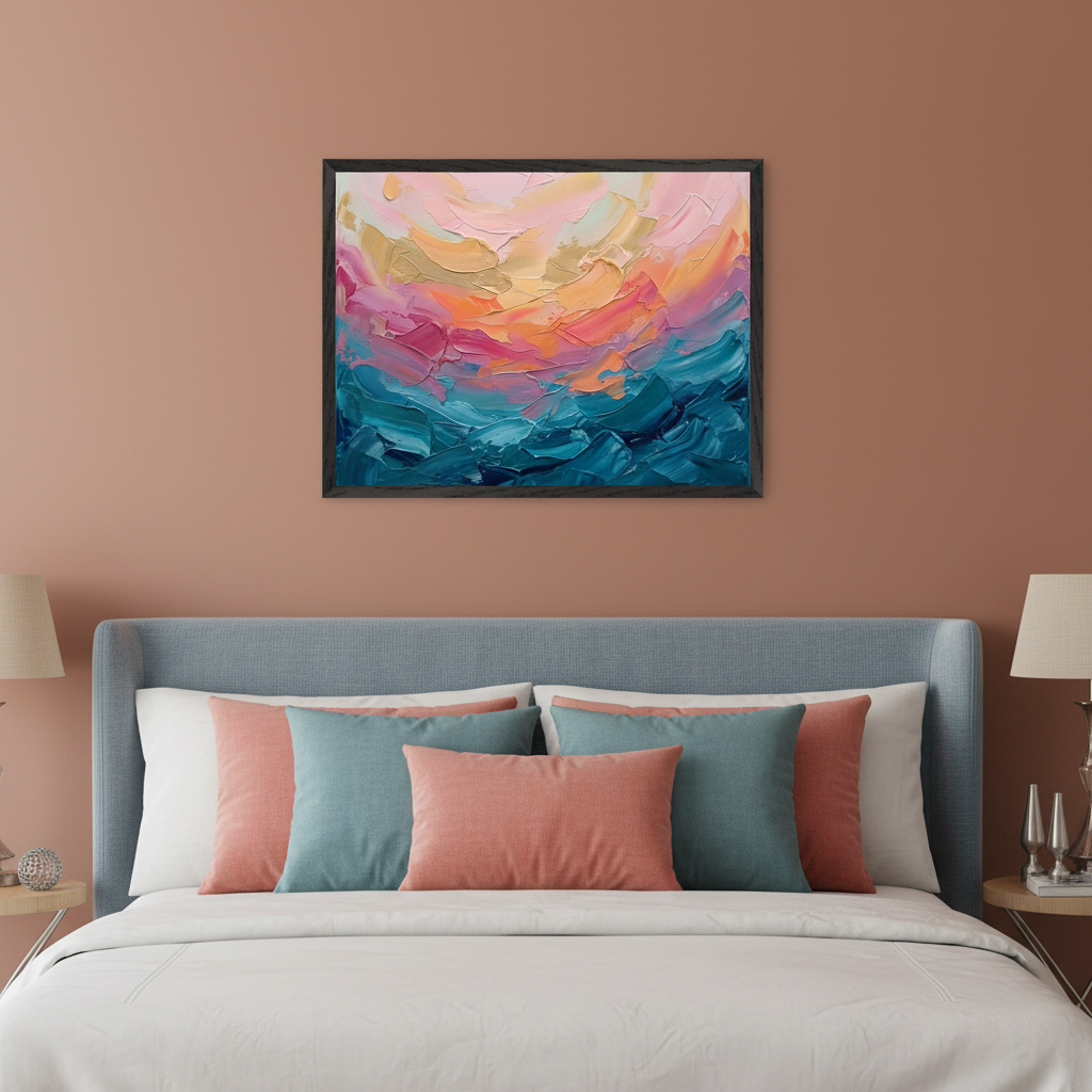 Modern bedroom with a light blue upholstered bed and a terracotta wall. A large rectangular framed abstract painting with textured strokes of blue waves and a colorful sunset sky in pinks, oranges, and yellows hangs centered above the bed.