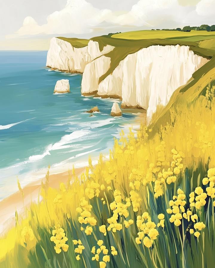 A scenic painting depicts white cliffs overlooking a blue ocean, with waves gently lapping at the shore. In the foreground, vibrant yellow flowers cover the grassy hillside, adding a splash of color to the serene coastal landscape.