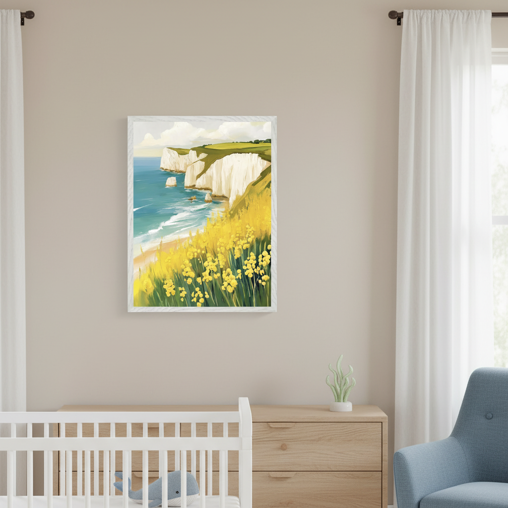 Modern nursery featuring a white crib and light wood dresser. A framed vertical painting of white cliffs, a blue ocean, a sandy beach, and yellow flowers in a painterly style hangs above the dresser. A light blue armchair is to the right.