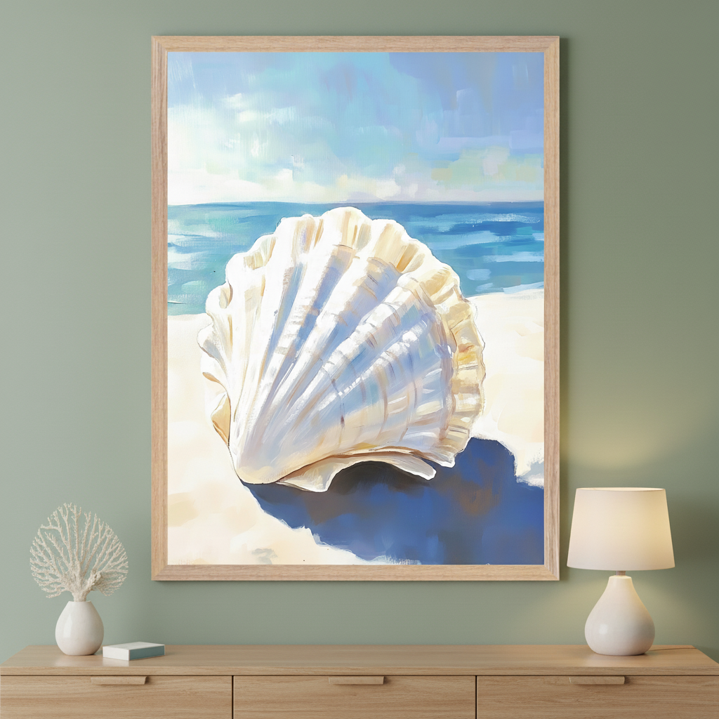 Modern living room with a light wood dresser. A large framed painterly coastal art of a white scallop shell on a beach with ocean and sky hangs centered above the dresser. A white lamp and coral decor are on the dresser.