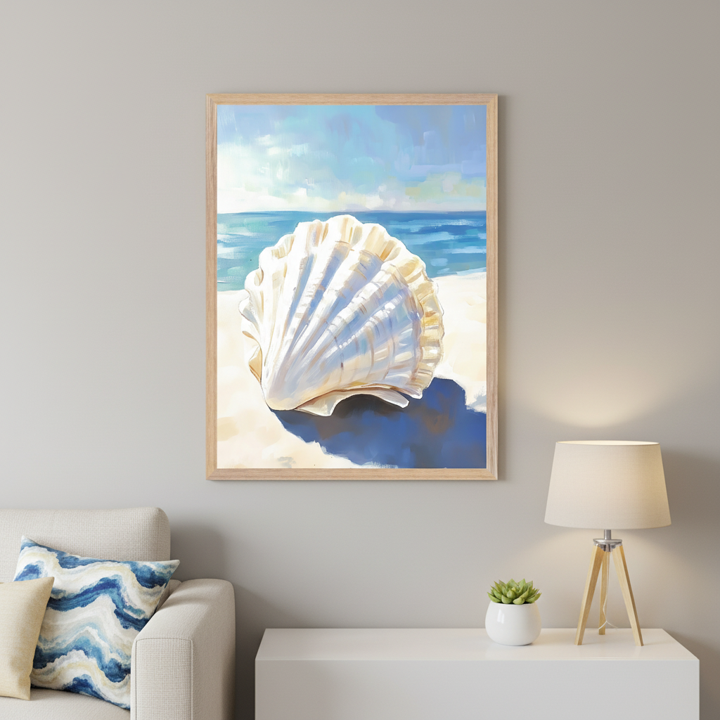 Modern living room. A large framed painterly artwork of a white seashell on a sandy beach with blue ocean and sky hangs on a gray wall, centered above a white console table. A cream sofa is partially visible to the left.