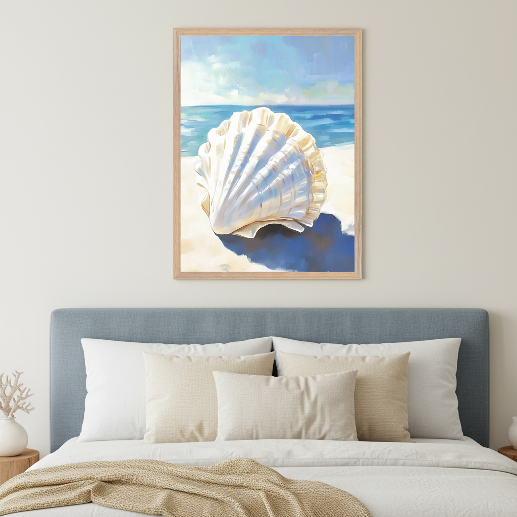 Modern bedroom with a blue upholstered bed. A framed painting of a large white seashell on a sandy beach with a blue ocean and sky hangs centered above the bed.