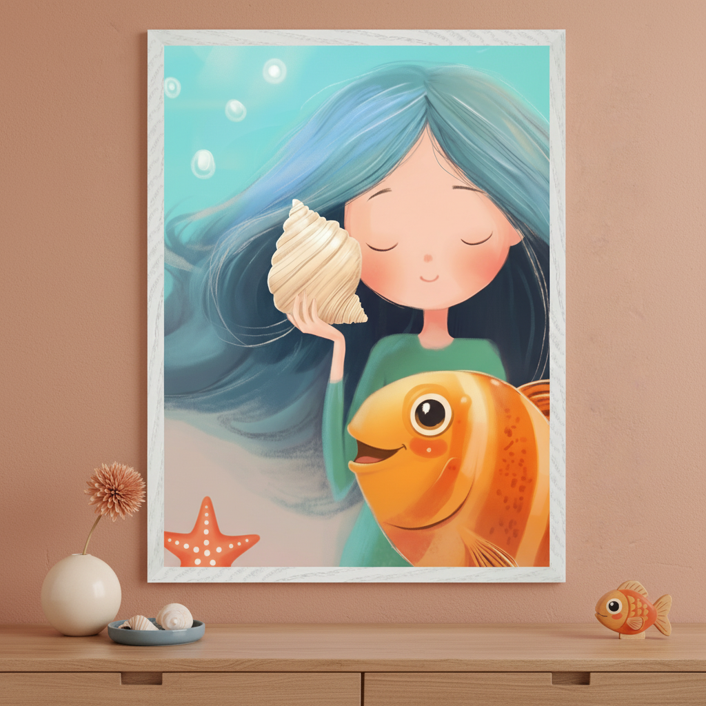 Modern kid's room with a peach-toned wall. A white-framed cartoon illustration of a blue-haired girl holding a conch shell with a smiling orange fish and starfish underwater hangs above a light wood dresser. A vase with a flower, shells, and a wooden fish toy are on the dresser.