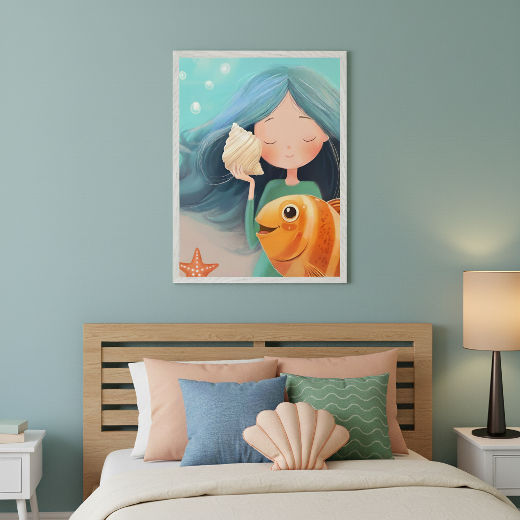 Kid's bedroom with a wooden bed, two white nightstands, and a lamp. A framed cartoon print featuring a blue-haired girl holding a seashell next to an orange clownfish and a starfish, in an underwater scene, hangs centered above the bed.