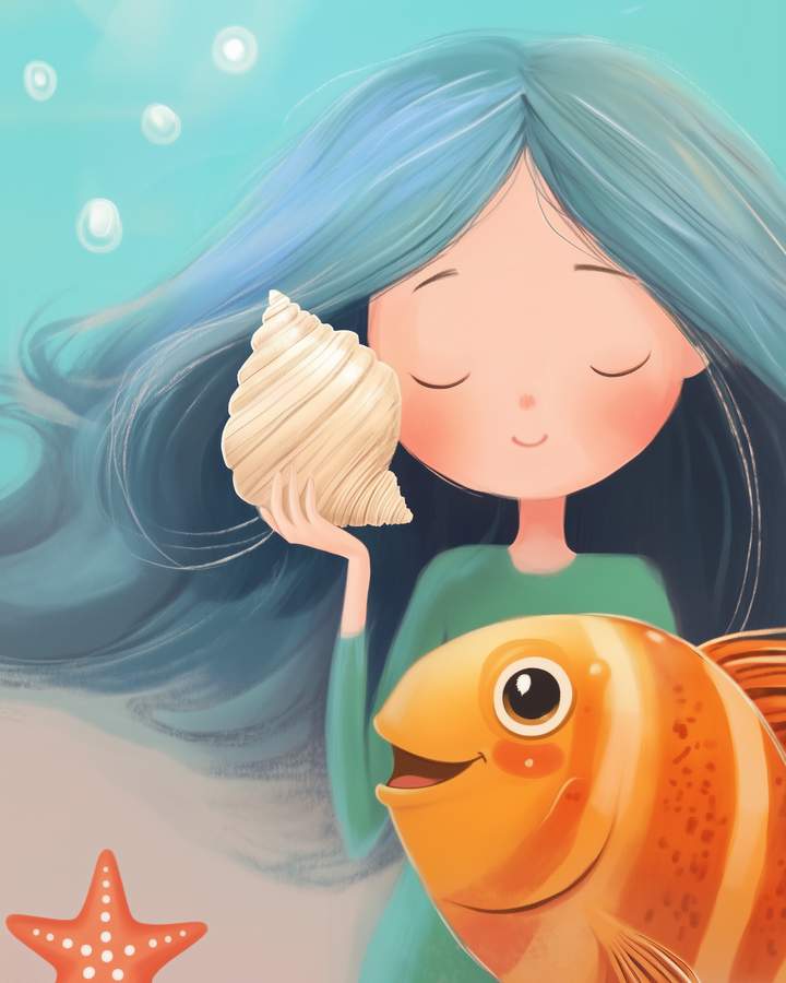 A whimsical illustration of a girl with long blue hair holding a seashell to her ear, eyes closed in a serene expression. A cheerful orange fish swims nearby, and a starfish is visible in the corner, all set against a soft underwater backdrop.