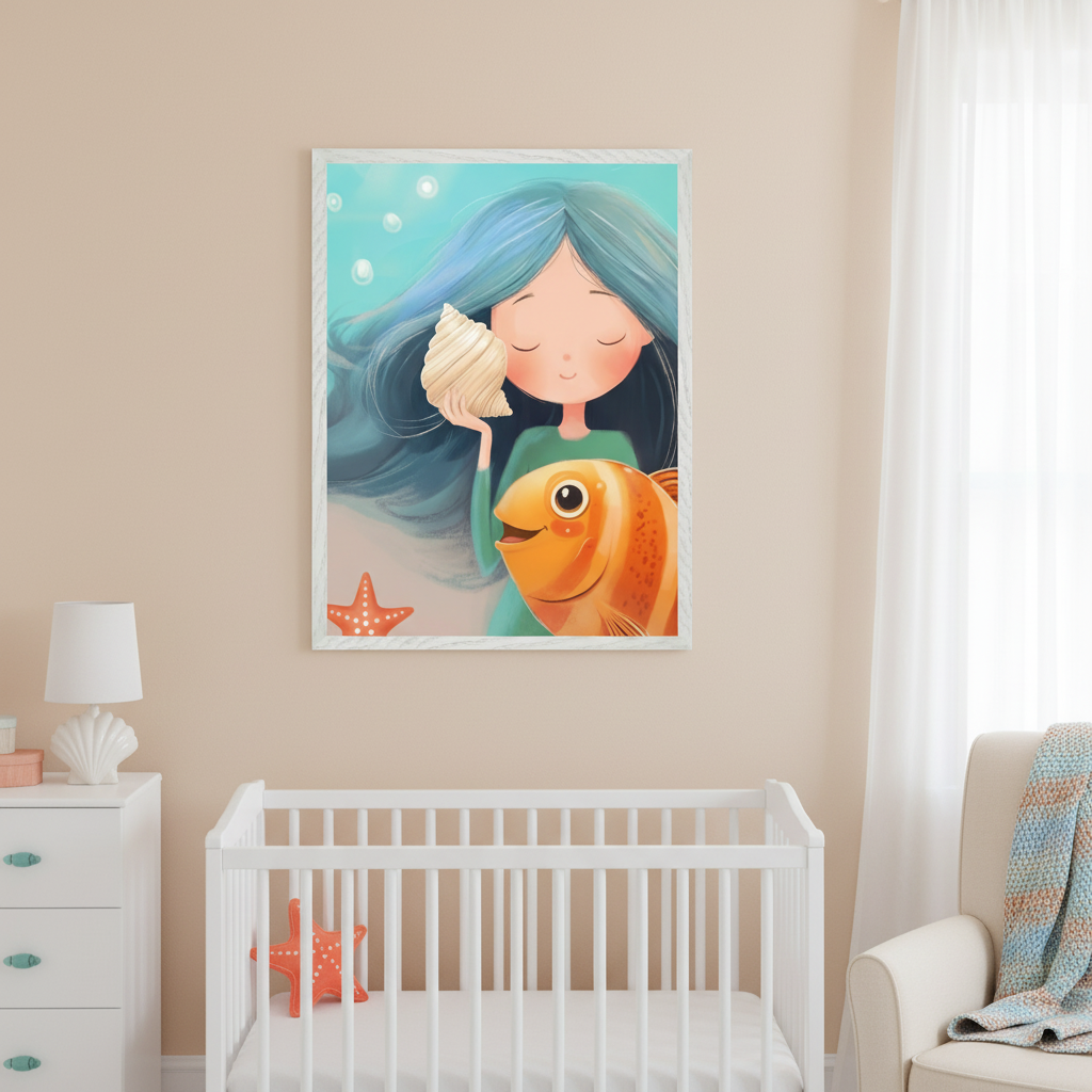 Nursery with a white crib, dresser, and armchair. A framed cartoon print of a blue-haired mermaid holding a conch shell with a smiling orange fish and starfish is centered above the crib on a beige wall.