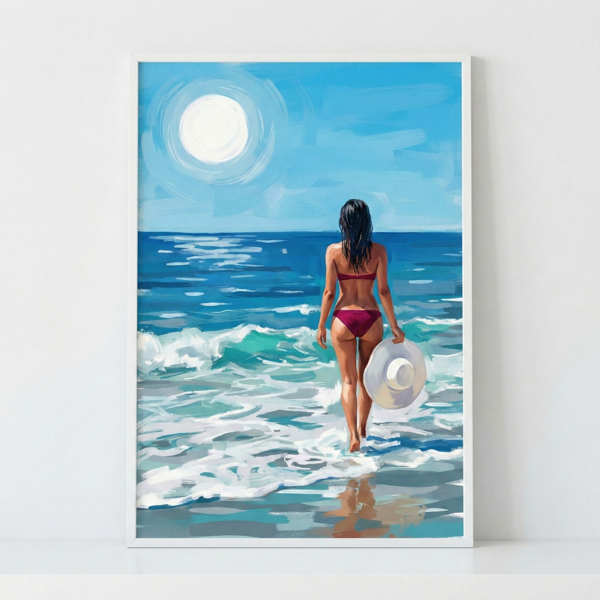 A vibrant artistic illustration depicts a woman with long dark hair walking toward the ocean. Viewed from behind, she wears a deep pink two-piece swimsuit and carries a white, wide-brimmed sun hat in her right hand. She wades into frothy white waves that gently break against the shore. Above her, a large, bright sun glows in a clear blue sky, surrounded by soft concentric rings of light. 