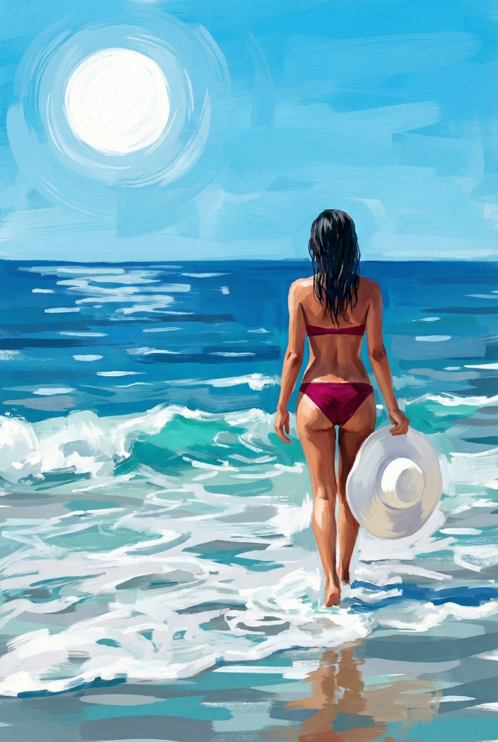 Back view of a woman holding a floppy hat in one hand as she walks barefoot into the turquoise ocean, with the sun glowing overhead.