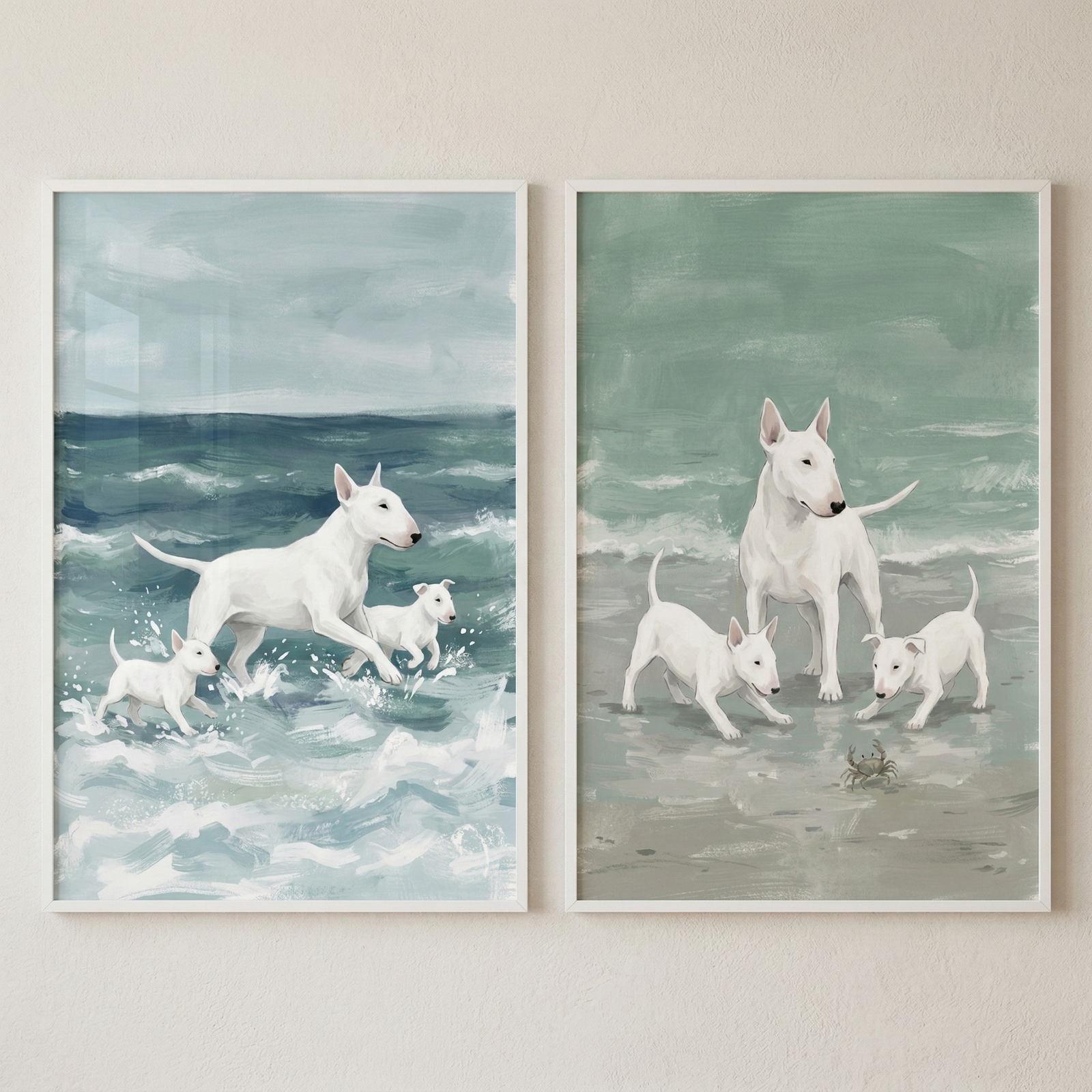Two framed illustrations are displayed side-by-side on a neutral, textured wall. The artworks feature a family of white dogs with distinct, smooth, egg-shaped heads and small, pointed ears. The artistic style is expressive and soft, with visible, textured brushwork and a muted color palette.

