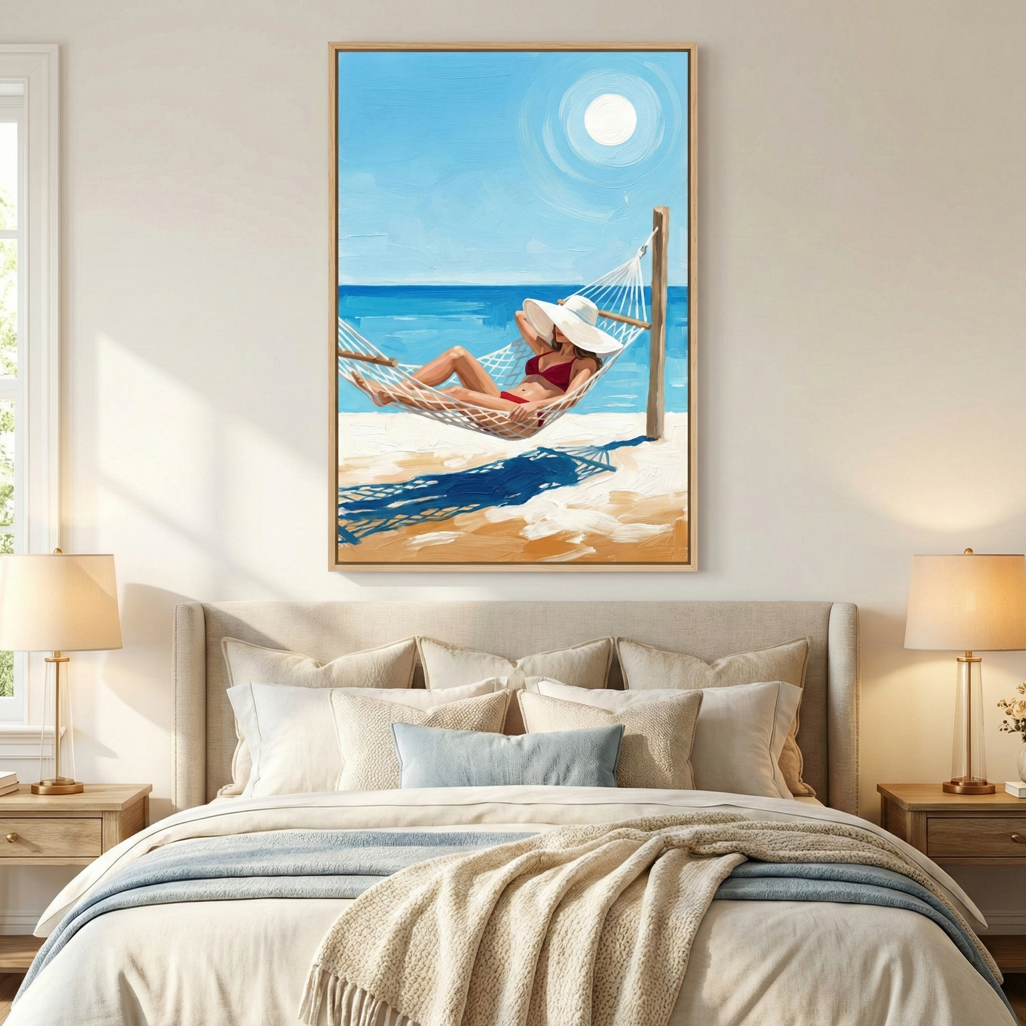 This coastal-themed illustration features a woman in a red bikini and a large white sun hat, relaxing in a white mesh hammock. The scene is set on a sun-drenched beach with a clear blue sky and ocean. The artwork is framed in light wood and hangs as a centerpiece in a neutral-toned bedroom. Below it, a bed is dressed in layered cream bedding and pillows, flanked by two nightstands with glowing lamps, creating a peaceful and airy atmosphere.