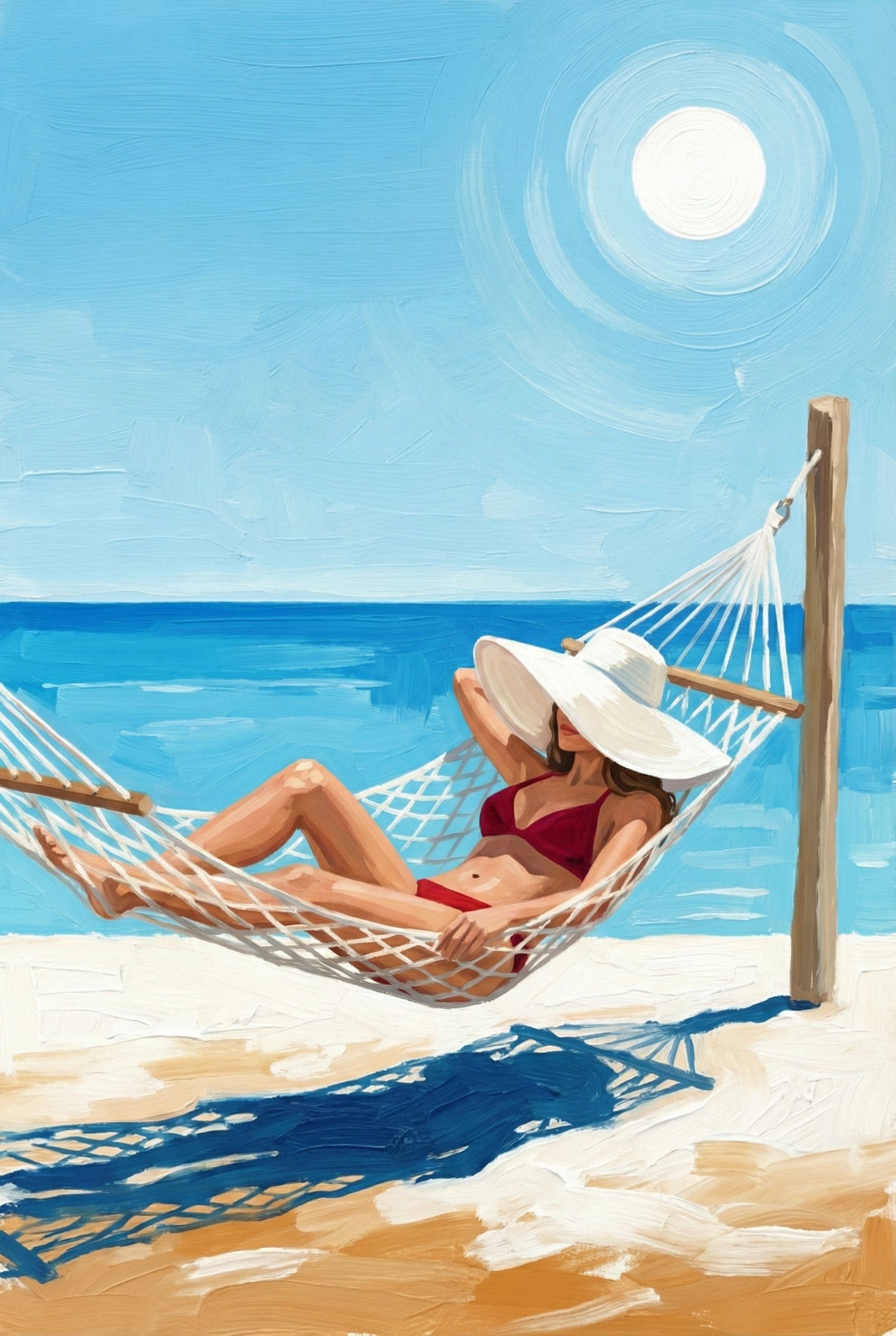 Stylized painting of a woman reclining in a hammock on a sunny beach, wearing a red bikini and large sunhat, with ocean waves in the background.