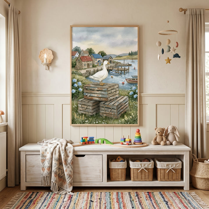 Seaside white duck wall art hangs above a toy storage bench with baskets and stuffed animals in a neutral nursery room.