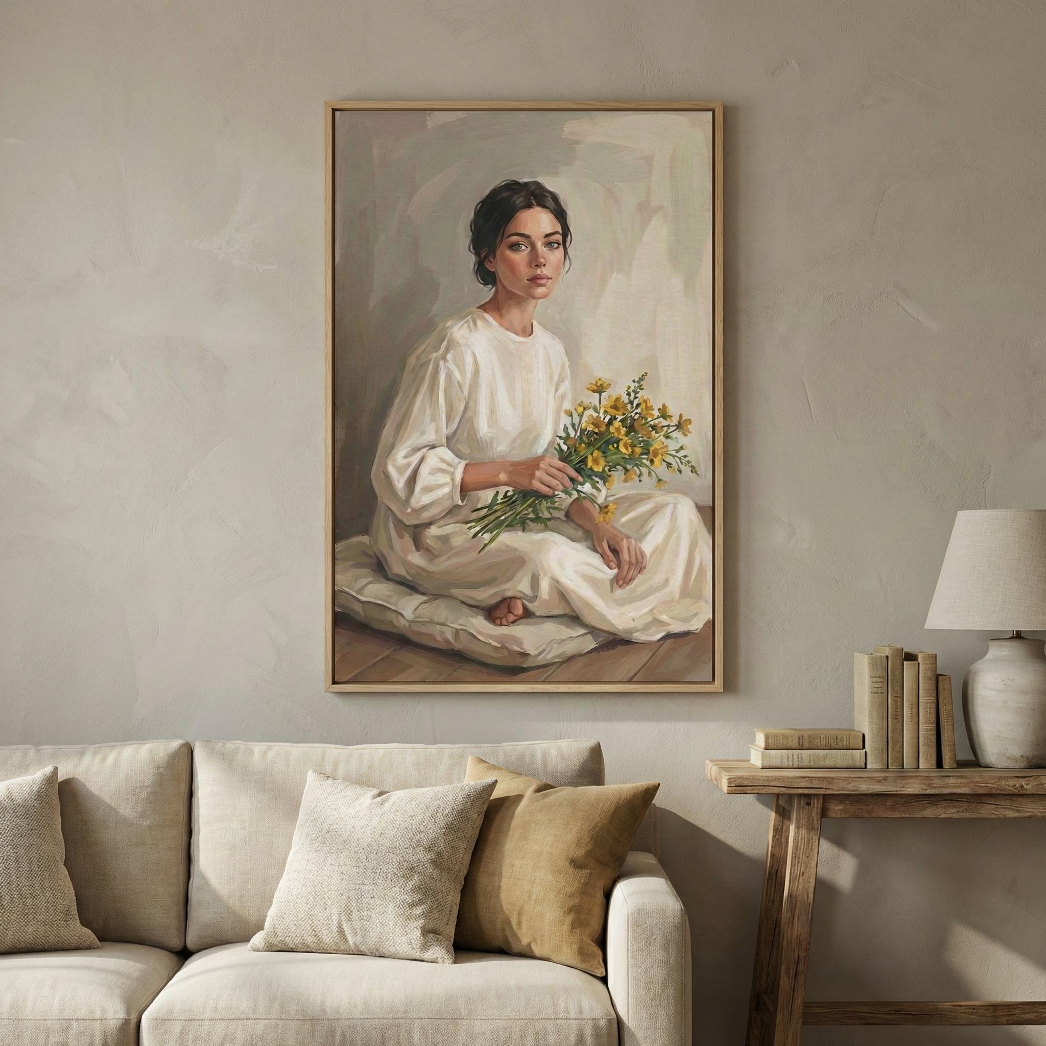 A vertical framed piece of art hangs on a textured, neutral-toned wall. The artwork depicts a woman with dark hair in a white, loose-fitting dress, sitting cross-legged on a cushion while holding a bouquet of yellow wildflowers. Below the frame is a light beige sofa with several plush cushions in shades of cream and tan. To the right of the sofa, a rustic wooden side table holds a stack of books and a lamp with a rounded, light-colored base and a simple cream shade. 