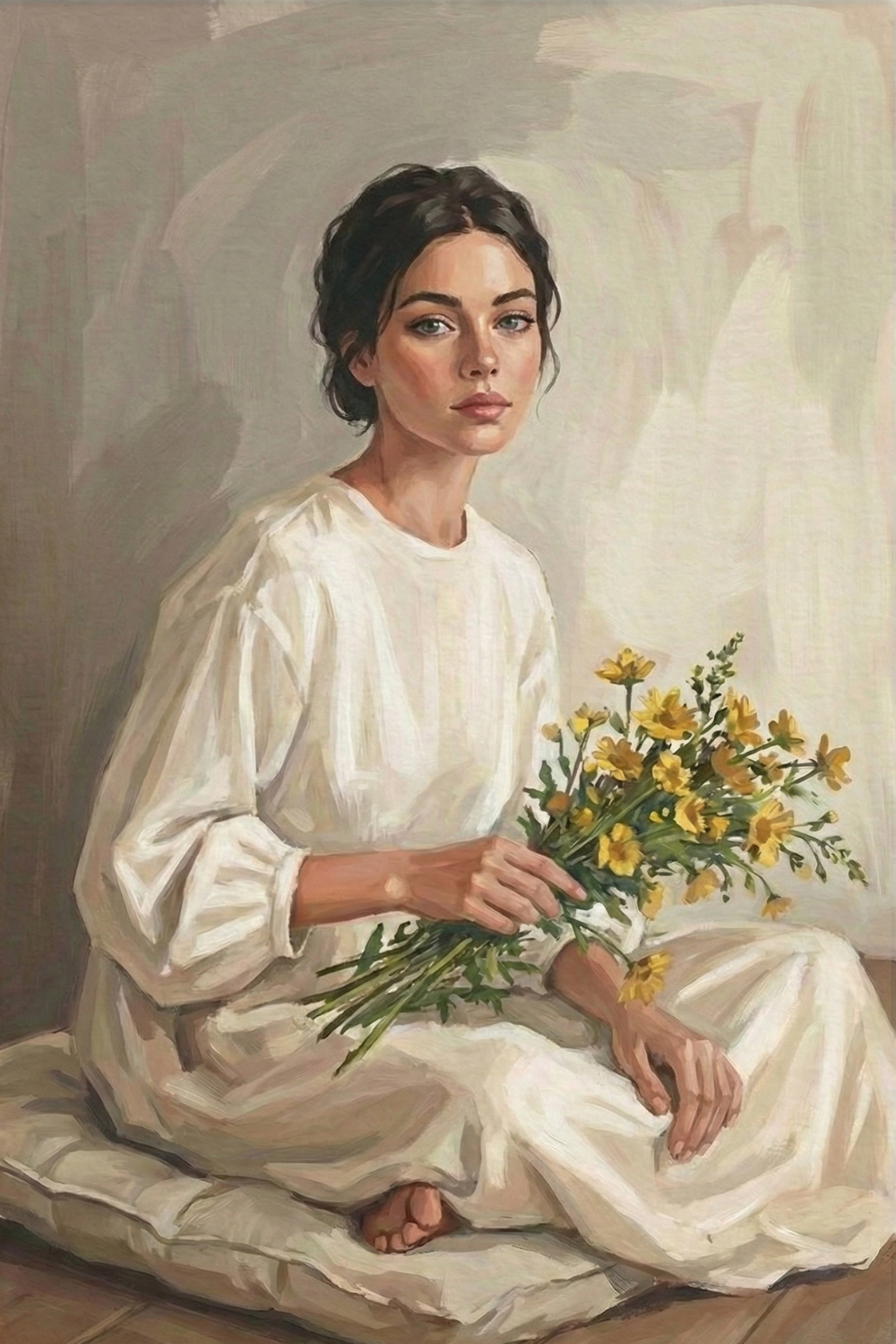 Painting of a woman seated cross-legged on a cushion in a soft-lit room, wearing a white dress and holding a bouquet of yellow wildflowers. She gazes gently toward the viewer with a calm expression.

