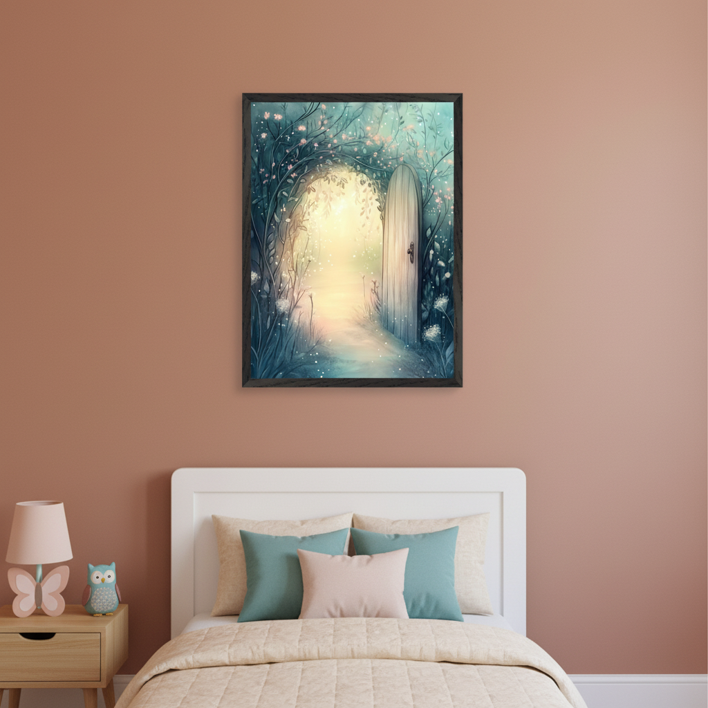 Kid's bedroom with a white bed and wooden nightstand. A framed illustration of a glowing path through a flowery vine arch leading to a wooden door hangs centered above the bed.