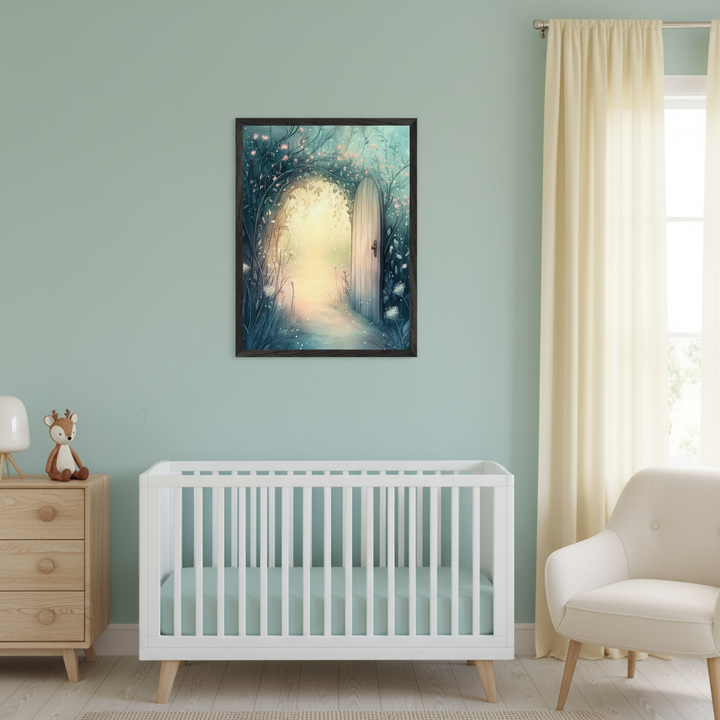 Modern nursery with a white crib, wooden dresser, and cream armchair. A framed art print hangs above the crib, depicting a glowing magical forest path with an archway of foliage and a wooden door.