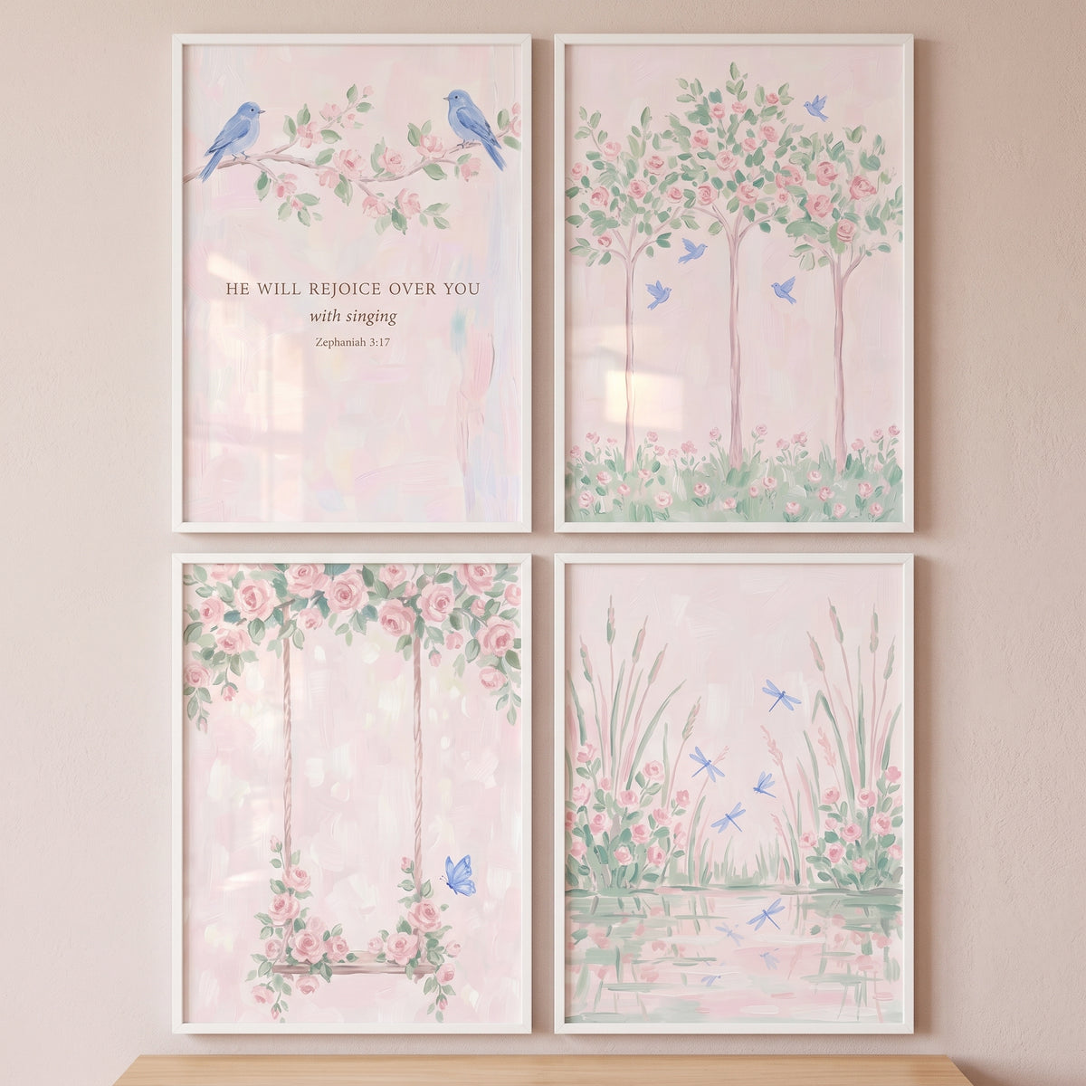 Secret Pink Rose Garden Wall Art Set of 4 - Serene Biblical Garden