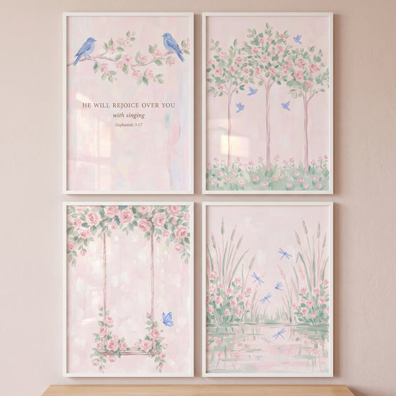 Secret pink rose garden wall art set of 4 featuring watercolor scenes of blue birds, trees, a flower swing, and a pond.