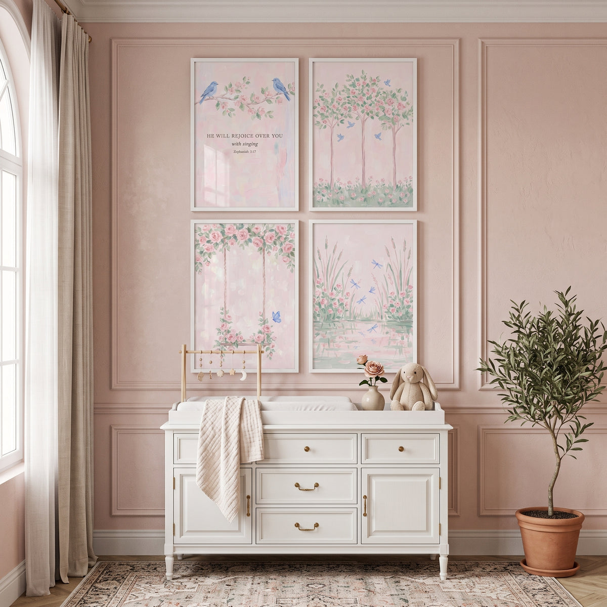 Secret Pink Rose Garden Wall Art Set of 4 - Serene Biblical Garden