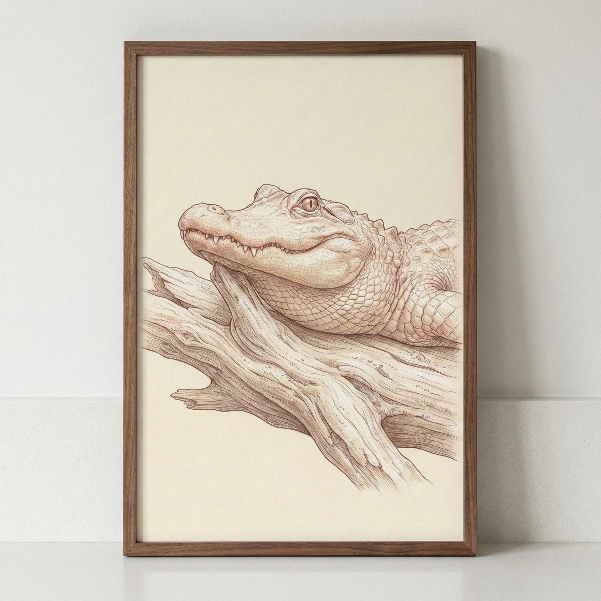 A detailed monochromatic sketch of an alligator's head resting on a piece of driftwood. The artwork, created with fine brown lines on a cream background, showcases the intricate texture of the alligator's scales and the wood's grain. This piece is displayed in a simple dark wood frame and hangs on a light-colored wall above a white ledge.