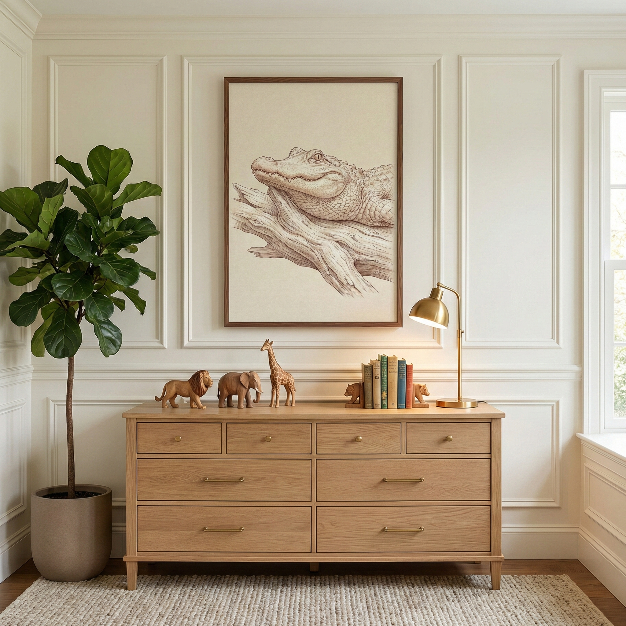 A well-lit room features a light wood dresser against a cream wall with decorative molding. On the dresser are wooden animal figurines—a lion, elephant, and giraffe—along with a stack of books held by bookends and a lit brass lamp. Above hangs a large, dark-framed illustration of an alligator on a log. To the left is a tall potted fiddle-leaf fig plant, and below is a textured area rug. Natural light streams in from a window on the right.