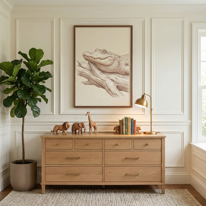 A well-lit room features a light wood dresser against a cream wall with decorative molding. On the dresser are wooden animal figurines—a lion, elephant, and giraffe—along with a stack of books held by bookends and a lit brass lamp. Above hangs a large, dark-framed illustration of an alligator on a log. To the left is a tall potted fiddle-leaf fig plant, and below is a textured area rug. Natural light streams in from a window on the right.
