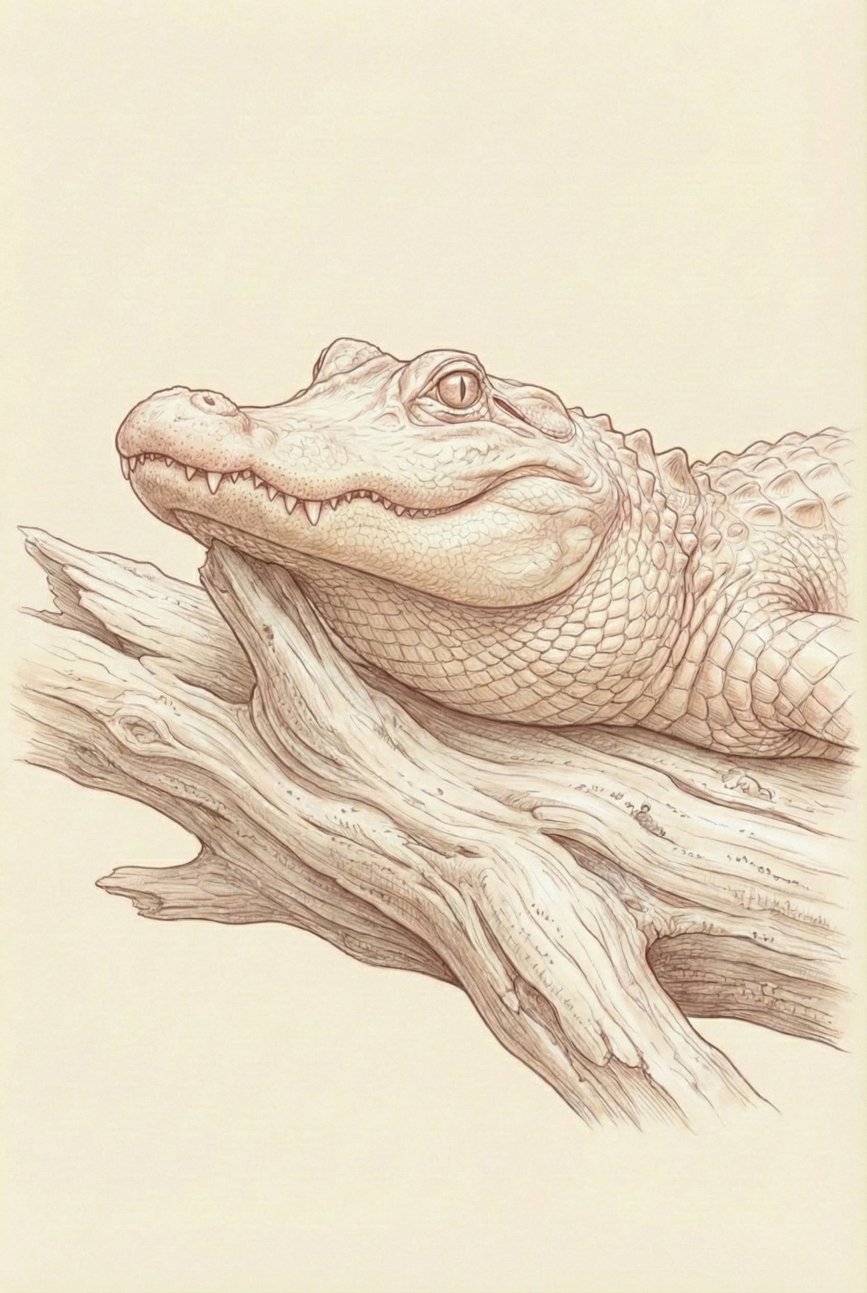A detailed line drawing in sepia tones depicts a large reptile, possibly an alligator or crocodile, resting its head on a piece of weathered, textured driftwood. The creature's skin is intricately rendered with a complex pattern of scales and ridges. The animal has a calm expression with a clearly visible eye. The composition features fine hatching and cross-hatching to create depth and shadow, all set against a plain, light cream background.