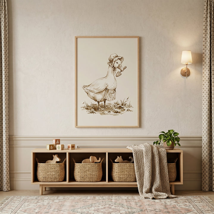Sepia bonnet gardening goose wall art hangs in a nursery above a wooden console with storage baskets and a plant.